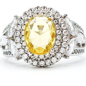 ▶Noble Hollow Beautiful Oval Crystal Royal Yellow CZ Silver Ring for Women, L073